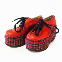 Pre-Owned. Beautiful True Vintage 1970’s Red Leather Shoes. - Size 7 - Super Rare Vintage From The 1970s - Sneaker Platform With Red Plaid Cushion 3 5/8” Platform And 1/4" Rubber Sole.  *Please Understand These Are Vintage From 70s* Very Good Vintage Condition: Means Wearable With Some Flaws. Flaws Such As Stains Over Time Or Minor Structural Flaws Have Made An Appearance. However, Overall They Have Redeeming Factors Such As Scarcity Or A Rare Design Making Them Desirable. Freshly Repaired By A Psychobilly Shoes, 1970s Sneakers, 70s Platform Shoes, Riot Grrl, Sneaker Platform, 70s Shoes, Gemini Moon, Red Leather Shoes, Leather Lace Up Shoes