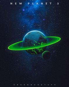 an image of the planet and its satellites in space with green glows on it