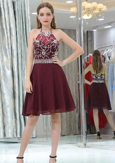 Chiffon Cocktail Dress A-Line Princess Halter Knee-Length Sleeveless, - Princessly Dresses Burgundy, Dress Chiffon, Illusion Dress, Short Prom Dress, Beaded Bodice, Short Prom, Beaded Top, Dresses Party, Homecoming Dresses Short