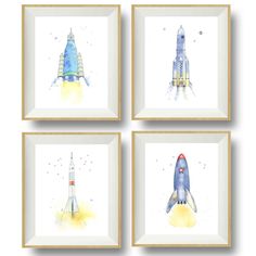 Set of 4 space ship watercolor prints for kids rooms Rocket Ship Art, Toddler Boy Room, Nursery Watercolor, Space Themed Nursery, Unicorn Card, Boy Wall Art, Toddler Boys Room, Space Bedroom