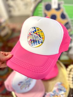 Top off your Georgia Southern gameday look with this fun trucker hat! Art by local Athens artist! GATA Eagle Logo Design Hand Drawn Art Foam Trucker Snapback Closure Fun Adjustable Graphic Print Hat, Fun Adjustable Hat With Graphic Print, Pink Trucker Hat For Sports Events, Pink Adjustable Trucker Hat For Sports Events, Adjustable Pink Trucker Hat For Sports Events, Fun Trucker Hat For Sports Events, Eagle Logo Design, Hat Art, Georgia Southern