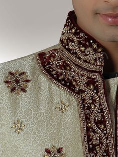 Designer Cream Brocade Sherwani - Sherwani - Men's Islamic Clothing, Muslim Women, Mens Suits, Women Men, Shop Now, Cream, Handbags, Clothes, Design