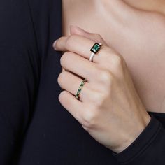 Like miniskirts and Twiggy lashes, this Alice Cicolini design channels the spirit of ’60s Mod. A coterie of emerald, enamel and gold, this color-blocked band packs a cool, Pop-Art punch. • 14k yellow gold & lacquered enamel • Baguette emerald • Band Width: 2mm, Band Height: 1.5mm • In stock in size 6. Additional sizes are made to order, please allow 10-12 weeks. Modern Green Enamel Jewelry, Green Enamel Ring, Twiggy Lashes, Alice Cicolini, Emerald Band, Rings Luxury, Diamond Signet Ring, Luxury Ring, Packing A Cooler