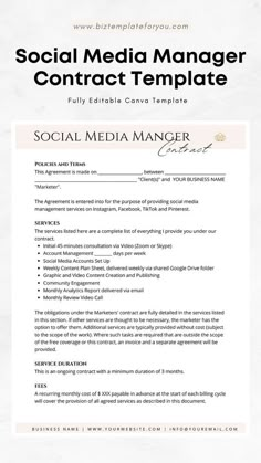 Social Media Templates Social Media Contract Template, Instagram Content Ideas For Social Media Managers, Social Media Manager Contract Template, Social Media Management Contract, Social Media Management Tips, Social Media Manager Template, Social Media Manager Content Ideas, Social Media Manager Pricing, Social Media Manager Contract