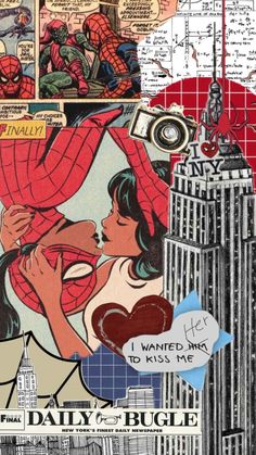 a collage of comic characters kissing in front of a cityscape with the words daily bugle written on it