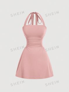 SHEIN MOD Women's Grey Halterneck A-Line Dress With Cinched Waist | SHEIN USA Solid Color Ruched Halter Neck Sleeveless Dress, Solid Ruched Halter Neck Sleeveless Dress, Ruched Halter Neck Sleeveless Dress, Stretch Sleeveless Halter Neck Dress With Ruched Detail, Casual Fitted Strapless Halter Dress, Fitted Sleeveless Mini Dress With Drawstring, Pink Ruched Sleeveless Halter Dress, Fitted Halter Neck Dress With Drawstring, Cinched Waist