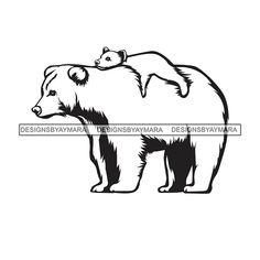 the bear and cub are standing next to each other in black and white, on a white background