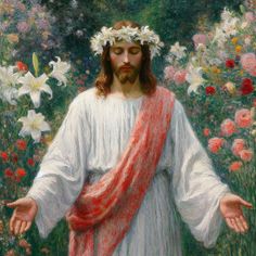 a painting of jesus surrounded by flowers