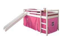 a white bunk bed with pink curtains and a slide on the bottom level, in front of a white background