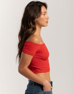 Casual Off-shoulder Tube Top, Casual Red Seamless Tops, Stretch Ribbed Off-shoulder Top, Ribbed Stretch Off-shoulder Top, Red Ribbed Crop Top For Summer, Seamless Off-shoulder Summer Top, Seamless Off-shoulder Top For Summer, Seamless Off-shoulder Crop Top For Summer, Off The Shoulder Top