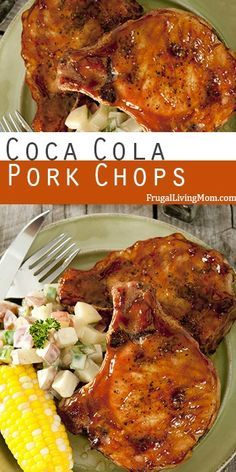 two pictures of pork chops and corn on the cob