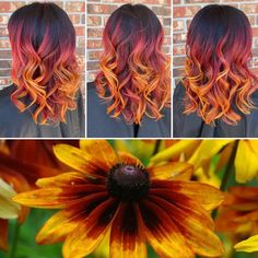 Black Red Orange Yellow Hair, Red Orange Yellow Ombre Hair, Orange Red And Brown Hair, Red Orange Yellow Peekaboo Hair, Sunflower Hair Color Ombre Short, Red And Orange Ombre Hair, Vibrant Fall Hair Color, Red To Orange Ombre Hair