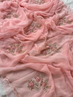 *FABRIC OF SAREE -  Pure Shiffon  Saree *Fabric of blouse_* - Pure Chinon Crepe Work- Pearl Work , Cutdana Work , Handwork Motifs Handwork Motifs, Pink Chiffon Saree, Cutdana Work, Designer Sarees Wedding, Pearl Work, Wedding Sari, Lightweight Baby, Pink Chiffon, Saree Fabric