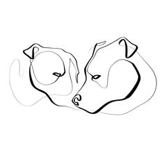 a black and white drawing of two dogs facing each other with their heads touching noses