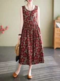 Loose Oversize Drawstring Floral Printed Round-Neck Midi Dresses Cotton Dresses Summer, Style Oversize, Maxi Shirt Dress, Polka Dress, Summer Party Dress, Red Midi Dress, Long Summer Dresses, Printed Drawstring, Long Sleeve Shirt Dress