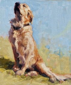 a painting of a golden retriever dog sitting in the grass looking up at something