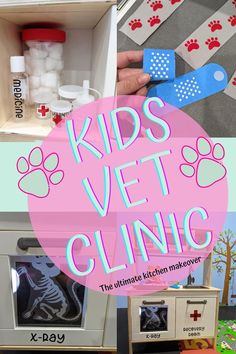 the kids vet clinic is open and ready to play with their toys, including an oven