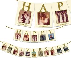 a happy anniversary banner with photos hanging from it