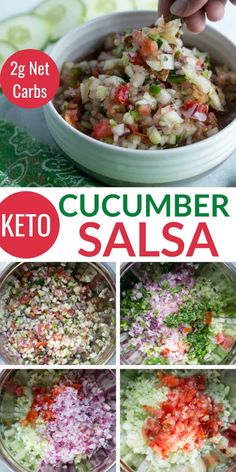 a collage of photos showing how to make cucumber salsa