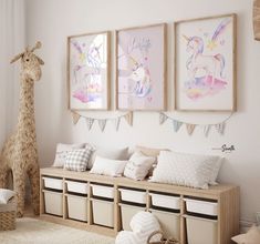 a child's room decorated in pink, white and beige with llamas on the wall