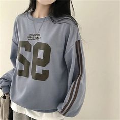 Vintage Number Print Striped Sleeve Sweatshirt Fall Long Sleeve College Style T-shirt, Sporty Long Sleeve Sweater With Letter Print, Varsity Letter Print Sweater For Winter, Gray Long Sleeve Sweater For College, Gray Long Sleeve College Sweater, Winter College Sweatshirt With Letter Print, Trendy Long Sleeve College Sweatshirt, Sporty Long Sleeve T-shirt For Winter, Sporty Long Sleeve Winter T-shirt