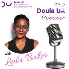 an image of a woman in front of a microphone with the words doula uk on it