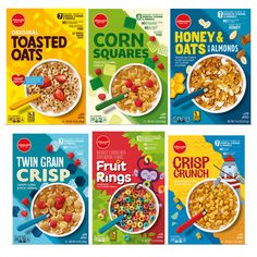 four cereal boxes with cereal in them