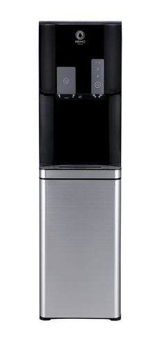 the water dispenser is black and silver