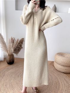 2023 Autumn/Winter New Women's Sweater Dress Solid V-neck Pullover Long Dress Korean Fashion Long Sleeve Knitted Elegant Dress Ribbed V-neck Sweater Dress For Loungewear, White V-neck Sweater Dress For Fall, Cozy Knit V-neck Sweater Dress, Cream Knit Long Sleeve Sweater Dress, Cream Long Sleeve Knit Sweater Dress, Long Sleeve Cream Knit Sweater Dress, Cozy V-neck Sweater Dress For Spring, White V-neck Sweater Dress For Winter, Solid Color V-neck Sweater Dress For Winter