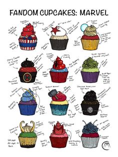 a poster with many different cupcakes on it's side and the words, fandom cupcakes marvel