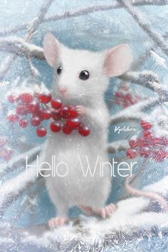 a white mouse with red berries on it's chest and the words hello winter