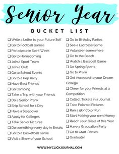 a printable list for the new year's bucket list with text that reads, senior year bucket list