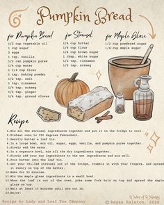 the recipe for pumpkin bread is shown in an old - fashioned style drawing, with ingredients to make it