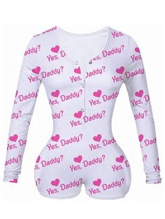 Yes Daddy Cute and Comfy Pink and white Deep V neck, Long sleeve, Printed, Button closure in front, One piece, Stretch, Bodycon Bodysuit romper short pajamas Material: Polyester, soft and breathable. Long Sleeve Jumpsuits, White Lips, Bodycon Bodysuit, Button Long Sleeve, Long Sleeve Jumpsuit, Red Bottoms, Long Sleeve Bodycon, Short Jumpsuit, Sleepwear Women