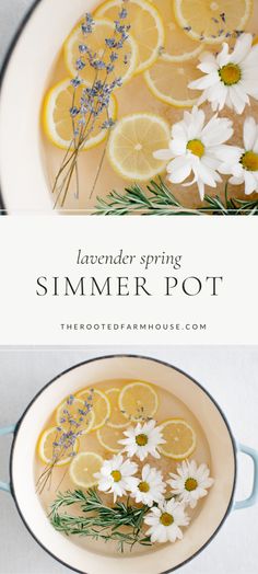 lemons, daisies and rosemary sprigs in a pot with text overlay that reads lavender spring summer pot