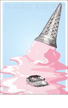 an ice cream cone sticking out of the top of a car in pink and blue water