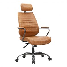 a brown leather office chair on wheels