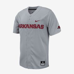 Rep Arkansas Baseball while looking like you just stepped off the diamond yourself in this replica baseball jersey. Team details pair with a button-down design and a classic fit to give you a look that's ready for every day, not just game day. Nike Baseball Jersey For Fan Gear, Nike Baseball Jersey With Team Logo For Fans, Nike Baseball Jersey For Fan Gear With Team Spirit, Nike Team Spirit Baseball Jersey For Fan Gear, Nike Game Day Baseball Jersey, Nike Baseball Jersey With Team Name For Baseball Season, Nike Baseball Jersey With Team Logo, Nike Baseball Jersey For Game Day, Nike Team-colored Baseball Jersey With Team Logo