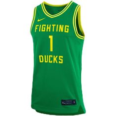 Capture your team's distinct identity with this Oregon Ducks Basketball jersey. Nike's integrated Dri-FIT technology evaporates moisture to keep you fresh, while the mesh panels promote breathability and comfort. Replicated after the team's official gear, this jersey shows your enthusiasm for Oregon Ducks hoops. Brand: Nike Droptail hem with side splits Imported Machine wash with garment inside out, tumble dry low Material: 100% Polyester Mesh panels Move To Zero is Nike's journey toward zero ca Functional Green Tops For Sports Events, Throwback Green Tops For Sports Events, Nike 1, Women's Basketball, Oregon Ducks, Side Splits, Womens Basketball, Nike Store, Basketball Jersey