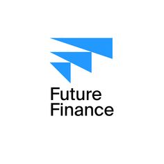 the future finance logo with an arrow pointing up to it's left side, on a white background