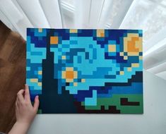 Starry Night Minecraft, Pixel Canvas Painting, Pixel Starry Night, Minecraft Pixel Art Painting, Pixel Painting Canvases, Pixel Art Painting Canvases, Painting Ideas Minecraft, Minecraft Painting Ideas On Canvas, Minecraft Canvas Painting