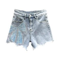 Elevate your wardrobe with our Ribbon Rhinestone Denim Shorts from the 2023 Summer Collection ââ‚?a chic ode to the Y2K era!Why You'll Fall In Love: High-Waisted Straight Cut: Flaunt your figure with a stylish high-waisted. straight shape that exudes timeless sophistication. Ribbon & Rhinestone Embellishments: Intricately embellished with ribbons and rhinestones. these shorts are a modern take on the Y2K aesthetic. Zipper & Button Closure: The delicate interplay of a zipper and button closure en Rhinestone Denim, Y2k Era, Embellished Denim, Rhinestone Embellishments, Current Fashion Trends, Denim Shorts Women, Y2k Aesthetic, Denim Outfit, High Waisted Denim