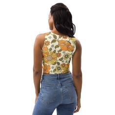 Look fabulous in this retro flower pattern all-over printed, body-hugging crop top. Channel the 60's and 70's with the orange and yellow daisies and marigolds in this cute and trendy tank top. Features:   * 82% polyester, 18% spandex   * Fabric weight: 6.78 oz/yd² (230 g/m²) (weight may vary by 5%)   * Material has a four-way stretch, which means fabric stretches and recovers on the cross and lengthwise grains.   * Made with a smooth, comfortable microfiber yarn   * Body-hugging fit   * Precision-cut and hand-sewn after printing Check out our listing photo to see how the crop tops are printed and sewn together! This product is made especially for you as soon as you place an order, which is why it takes us a bit longer to deliver it to you. Making products on demand instead of in bulk helps Spring Vintage Sleeveless Crop Top, Fitted Summer Tops With Retro Print, Vintage Fitted Printed Tops, Fitted Vintage Printed Tops, Fitted Floral Print Sleeveless Crop Top, Vintage Floral Print Crop Top For Spring, Retro Cropped Tops For Spring, Cropped Retro Tops For Spring, Fitted Vintage Crop Top For Summer