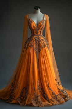 Orange Princess Dress, Orange Ball Gown, Orange Formal Dresses, Orange Evening Dresses, Fantasy Ball, Yellow Gown, Orange Dresses, Amazing Clothes