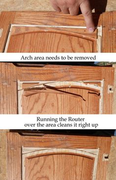 two pictures showing how to make a cabinet door with woodgrain and glue on it