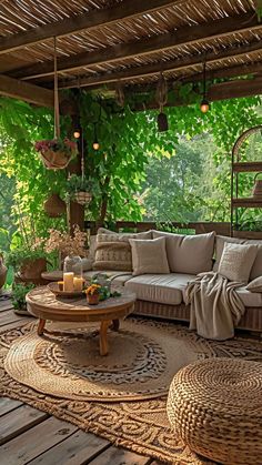 an outdoor living area with wicker furniture and greenery on the walls, along with wooden flooring