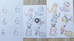 two sheets of paper with numbers and animals on them