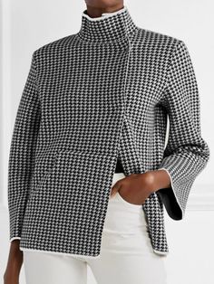 Long Sleeves Loose Contrast Color Houndstooth Split-Joint Stand Collar Outerwear BLACK-2XL Winter Outfits Christmas, Mode Chanel, Houndstooth Coat, Fashion Stand, Iranian Women Fashion, Stand Collar Jackets, Houndstooth Jacket, Leisure Fashion, Mode Casual