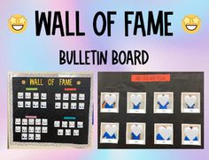 a bulletin board with some pictures on it and the words wall of fame written in black