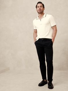 A style for all seasons, this ultra soft cotton polo is crafted with a retro-inspired zip collar.  Here, we cut it from our best-selling Luxury-Touch jersey—beloved for its softness and smooth fabrication that's more dressed-up than the average polo.  Standard fit.  Polo collar with zip.  Straight hem with side vents.  Standard fit.  Short sleeves.  Hits at the hip.  Model: Size M, 6'2" (188cm). Men Fashion 40s, Mens Zara Outfits Summer, Men’s Business Casual Style, European Mens Fashion Summer Street Styles, Mens Date Outfit Night, Classic Men Fashion, Men's Business Casual Outfits 2024, All Black Cocktail Attire Men